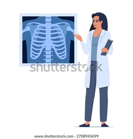 Doctor presenting human xray shot, gives a training lecture about anatomy. X ray of human skeleton chest. Medical seminar, lecture. Vector