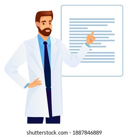 Doctor  presenting information header vector banner. Medic pointing finger upwards. Male presenting information header vector banner.