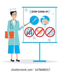 Doctor presenting stop corona virus poster. vector illustration