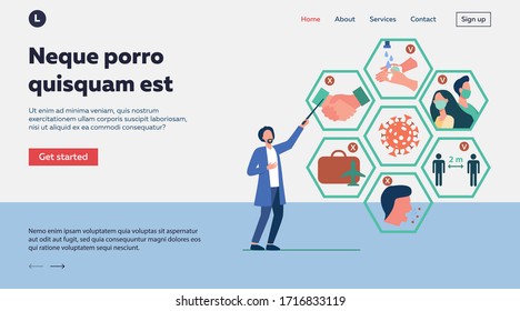Doctor presenting tips for protection from coronavirus and epidemic spread prevention. Vector illustration for covid 19, symptoms, protection, safety, infection concept