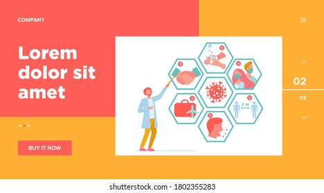 Doctor presenting tips for protection from coronavirus and epidemic spread prevention. Vector illustration for covid 19, symptoms, protection, safety, infection concept