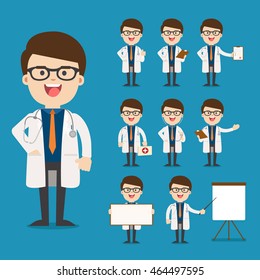 Doctor Presenting In Various Action. Character Design. Doctor And Healthcare Concept - Vector Illustration