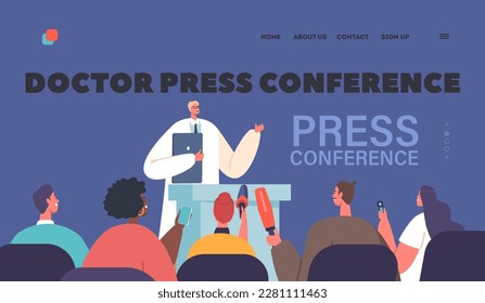 Doctor Press Conference Landing Page Template. Man in White Robe Speaking to Audience Cartoon Vector Illustration