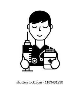doctor professional character with syringe and bottle pills