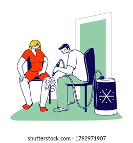 Doctor with Professional Equipment Processing Woman Legs with Nitrogen at Cosmetology Clinic Chamber. Female Character Applying Cryotherapy Wellness Procedure. Linear People Vector Illustration