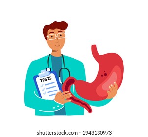 Doctor Professional Gastroenterologist Researching.Surgeon Curing Stomach Ache.Guts Pain Symptom Diagnostics Consultation. Medical Hospital.Medical Insurance Treatment, Aid Curing. Vector Illustration