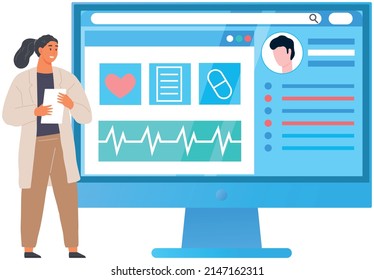 Doctor professional person working with computer. Result of medical research of human body on screen. Technology for dagnosis of organism and health. Program for medical consultation and diagnostics