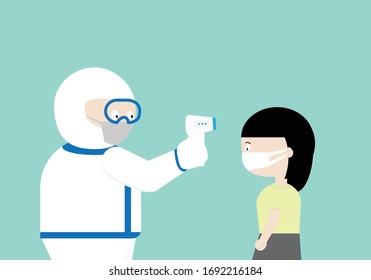 Doctor in professional protective equipment using instrument to measure temperature a woman wearing protective mask in covid-19 pandemic outbreak. Vector illustration.  
