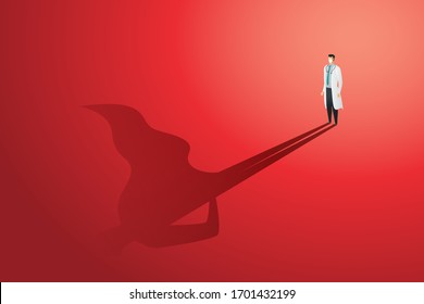 Doctor and professional superhero shadow on floor, fight virus. Character set. Vector illustration