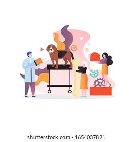 Doctor professional vet treating sick dog, vector illustration. Veterinary services, animal vaccination concept for web banner, website page etc.