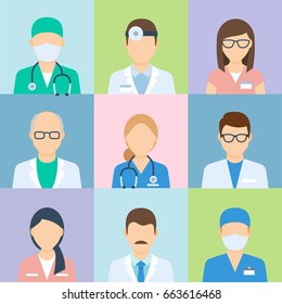 Doctor Profile Picture, Medical Icon Set. Professional Human Avatar, Badge Image For Hospital And Clinic Workers. Vector Flat Style Cartoon Illustration