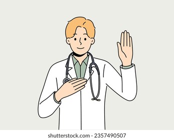 Doctor pronounces hippocratic oath and puts hand on heart, promising to follow medical rules. Doctor in white coat with stethoscope around neck takes oath and dreams of becoming good healer