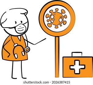 Doctor and protection signage against coronavirus and covid-19.Hand drawn doodle line art cartoon character design girl and boy.Health care and medicine.isolated vector illustration
