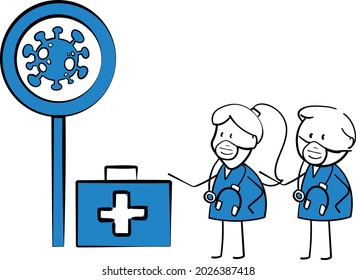 Doctor and protection signage against coronavirus and covid-19.Hand drawn doodle line art cartoon character design girl and boy.Health care and medicine.isolated vector illustration
