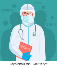 Doctor in protective clothes during coronavirus pandemic vector . Epidemic of coronavirus covid 19. Fighting and stop Spread of covid-19 (corona virus) outbreak emergency concept flat illustrations.