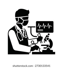 Doctor in protective gear examines sample under microscope with ecg monitor