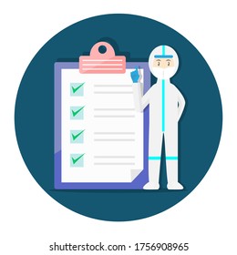 Doctor in protective gown pointing at checklist clipboard vector