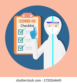 Doctor in protective gown pointing to Covid-19 Checklist chart vector