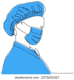 Doctor in a protective mask and a blue cap in one line. The concept of a medical specialist at the operation. health protection stock vector illustration.