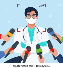 El doctor con máscara protectora da entrevistas a periodistas y medios de comunicación. Ilustración vectorial en estilo plano