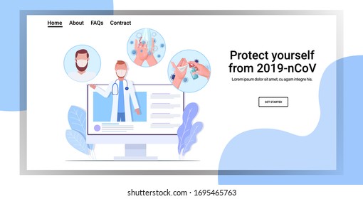 doctor in protective mask giving basic protective measures against coronavirus online consultation healthcare concept horizontal copy space vector illustration