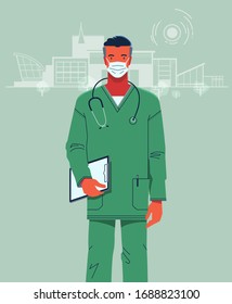 doctor in a protective mask and in a medical suit with a notebook for records on hospital background