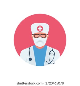 Doctor in protective mask. Quarantine concept. Medical background for flu control instructions. Flat icon doctor in uniform with stethoscope in mask. Vector illustration cartoon design. Sick with flu.