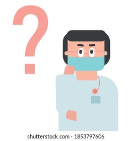 Médico con máscara protectora y un signo de interrogación. Ilustración vectorial plana