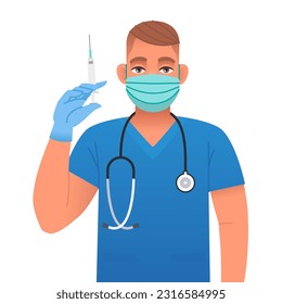 A doctor in a protective mask, with a stethoscope and blue medical gloves holds a syringe in his hand. Cute white young male nurse. Vector cartoon illustration.
