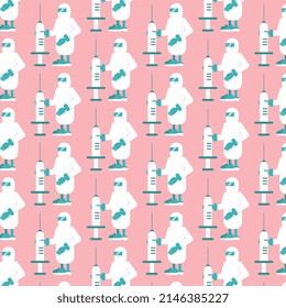 A doctor in a protective medical suit with a virus vaccine, a pattern poster in a vector for commercial use.