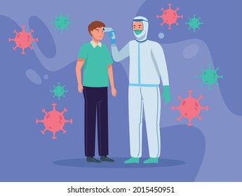 Doctor in protective suit checking temperature to a man