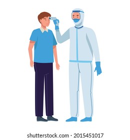 Doctor in protective suit checking temperature to a boy on white background