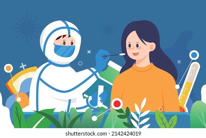 Doctor In Protective Suit Is Doing Nucleic Acid Test On Patient, COVID-19 Test, Vector Illustration