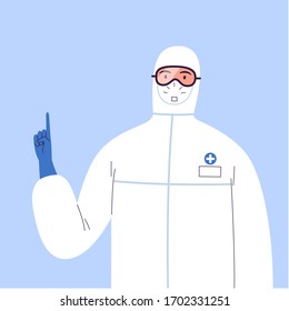 Doctor in a protective suit, glasses and a medical mask points a finger at something.