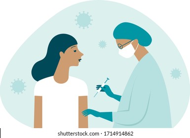 Doctor in protective suit inject vaccine shot to patient. Iimmunity stimulation to minimise risk of coronavirus infection. Covid-19 vaccination concept. Flat vector illustration.