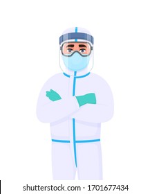 Doctor in protective suit keeping crossed arms. Medical person wearing face shield, latex gloves. Physician covering full body safety elements. Corona virus epidemic. Cartoon illustration in vector.