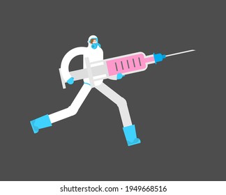 Doctor in protective suit with large syringe. Vaccination against coronavirus. COVID-19 vaccine