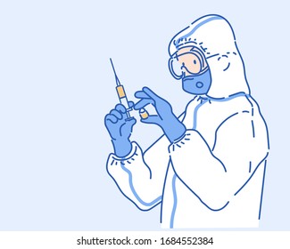 Doctor in a protective suit and mask holds an injection syringe and vaccine. Virus protection concept idea. Hand drawn in thin line style, vector illustrations.