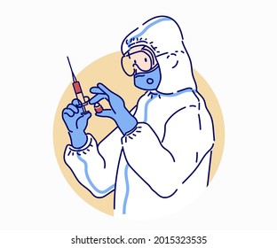 Doctor in protective suit   mask holds an injection syringe   vaccine  Virus protection concept idea  Hand drawn in thin line style  vector illustrations 