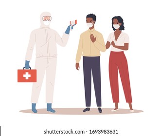 A Doctor In Protective Suit Measures The Temperature Of Male And Female Couple In Medical Mask. Coronavirus Protection Concept. Vector Illustration In A Flat Style