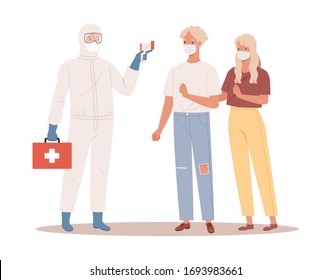 A doctor in protective suit measures the temperature of man and woman in medical mask. Coronavirus protection concept. Vector illustration in a flat style