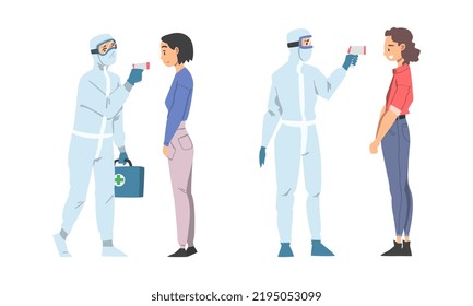 Doctor in Protective Suit Measuring Temperature of Female with Infrared Thermometer Vector Set