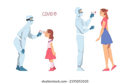 Médico en la temperatura de medición del traje protector de niñita y hembra con conjunto de vectores de termómetro infrarrojos