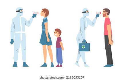 Doctor in Protective Suit Measuring Temperature of Male and Female with Infrared Thermometer Vector Set