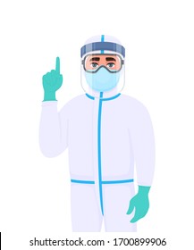 Doctor in protective suit pointing finger up. Medical staff wearing face shield, latex gloves and gesturing hand. Physician covering with mask, goggles. Corona virus epidemic. Cartoon illustration.