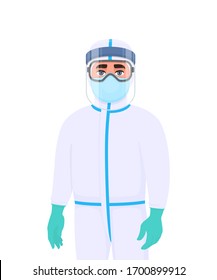 Doctor in protective suit and respirator. Medical staff or surgeon wearing PPE with face shield, latex gloves. Physician covering with mask, goggles to protect from virus. Vector cartoon illustration.