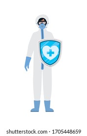 Doctor with protective suit and shield against 2019 ncov virus design of Covid 19 cov infection disease symptoms and medical theme Vector illustration