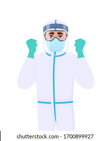 Doctor in protective suit showing raised hand fist sign. Medical person wearing face shield and gesturing success. Physician covering with mask, googles. Corona virus epidemic. Cartoon illustration.