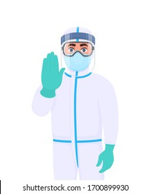 Doctor in protective suit showing stop gesture sign. Medical person wearing face shield and gesturing hand symbol. Physician covering with mask, googles. Corona virus epidemic. Cartoon illustration.