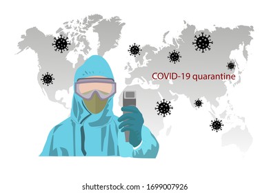 Doctor in a protective suit. Temperature measurement. Coronavirus pandemia. World map background